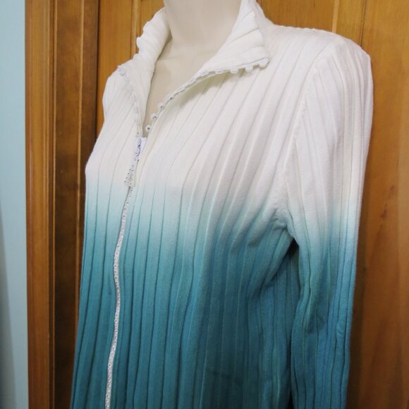 Belldini Ivory to Size Teal Ombre Rhinestone Zipper Jacket Cardigan Knit Large - Picture 4 of 12